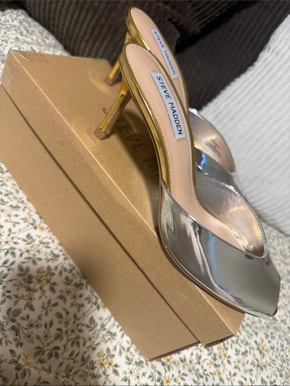 STEVE MADDEN ROWE Metal Multi Metallic Silver & Gold Kitten Heel Mules | 7.5 - Picture 2 of 7